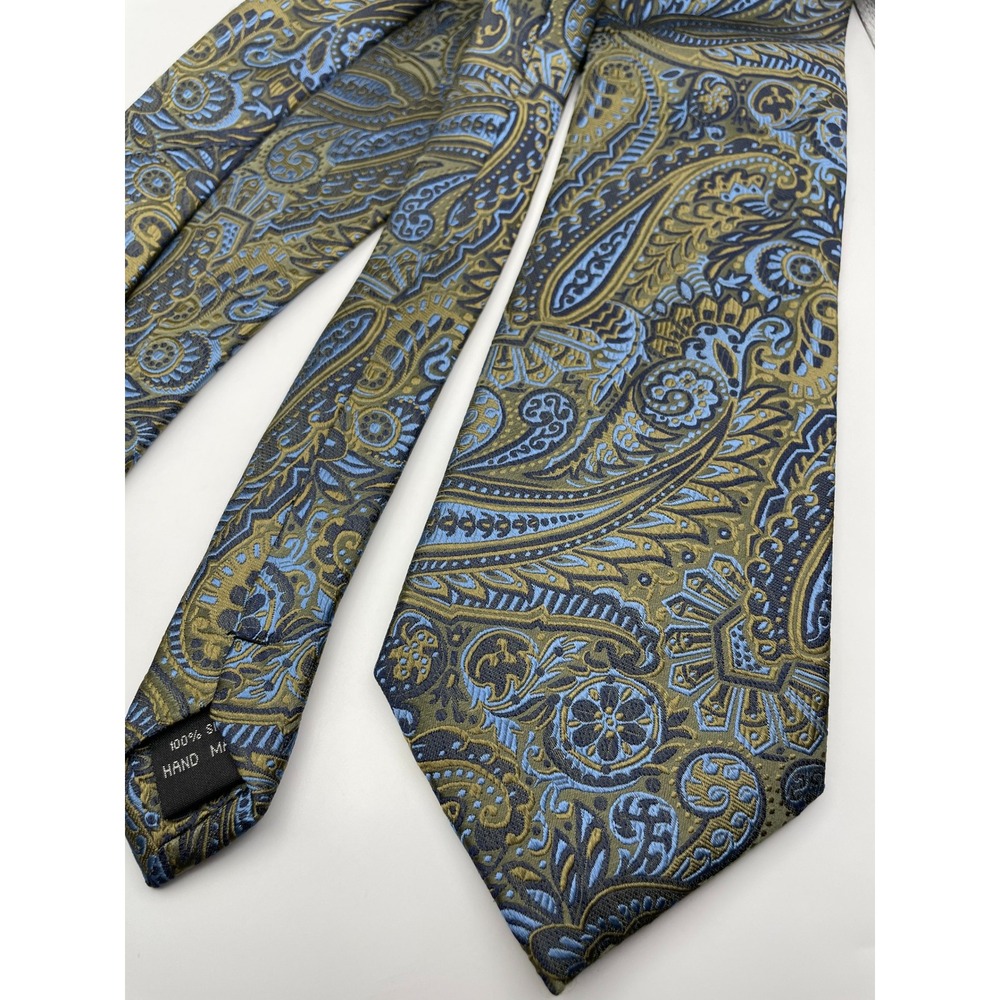 Beau Brummel Soho Mens Silk Tie Paisley Olive Green Blue Hand Made Woven Necktie